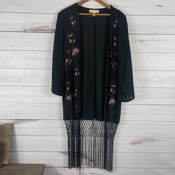 Urban Outfitters Staring at Stars Black Embroidered Fringe‎ Kimono sz S - Picture 1 of 8